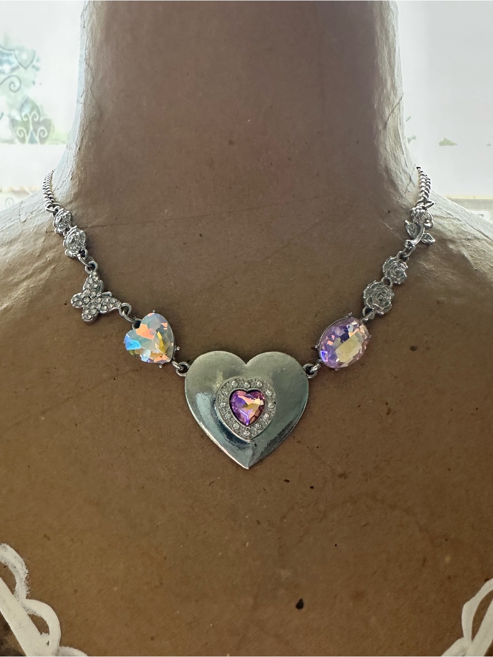 Silver Heart Necklace with Iridescent Pink Crystals